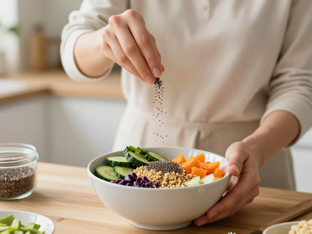 Kobieta przygotowująca zdrowy posiłek z dodatkiem superfood - dodaje nasiona chia do miski z kolorowymi warzywami