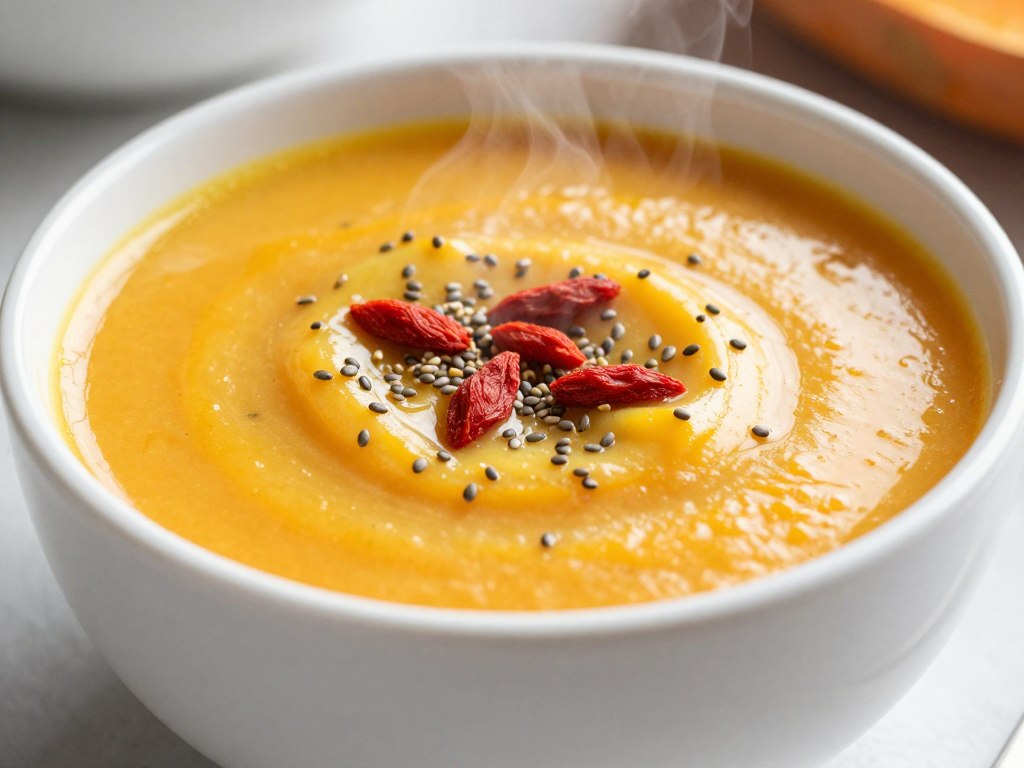 Kremowa zupa z batatów z dodatkiem superfood - posypana jagodami goji i nasionami