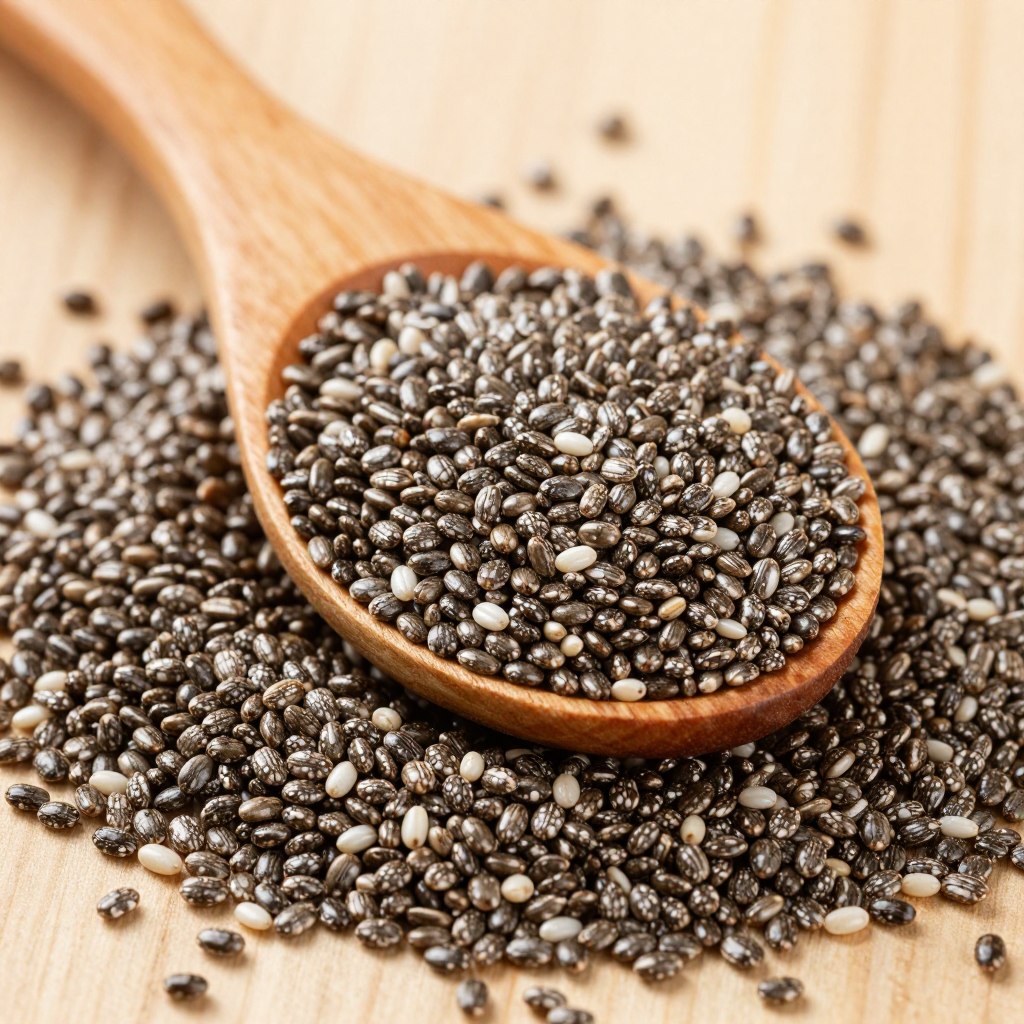 Nasiona chia w drewnianej łyżce i rozsypane na stole - superfood bogaty w kwasy omega-3