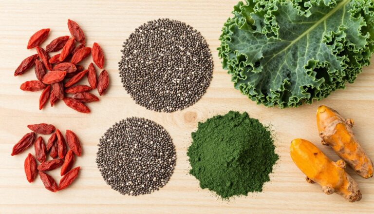 Różnorodne superfood na drewnianym stole - jagody goji, nasiona chia, jarmuż, spirulina i kurkuma