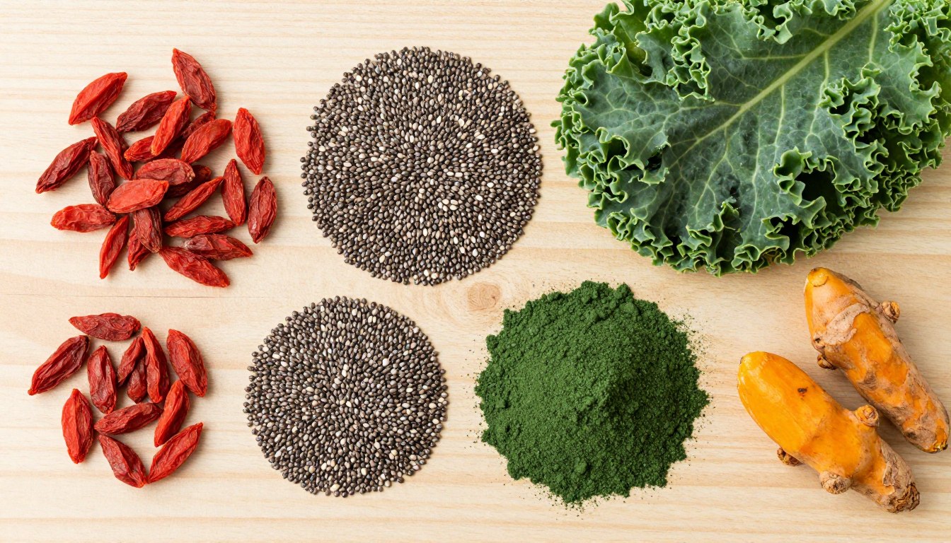 Różnorodne superfood na drewnianym stole - jagody goji, nasiona chia, jarmuż, spirulina i kurkuma