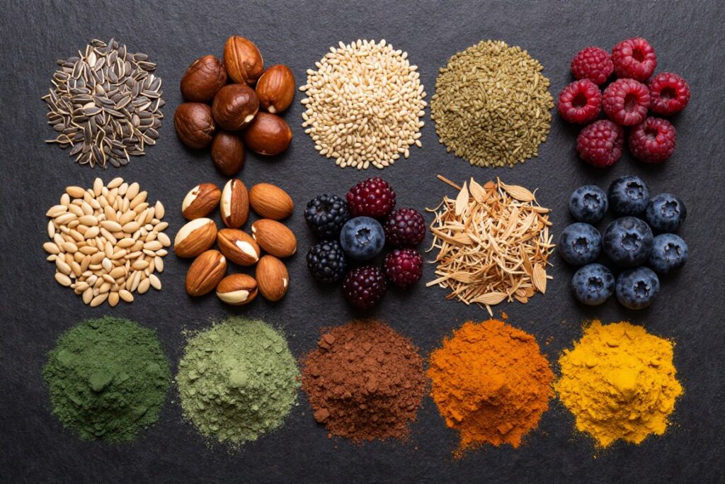 Różnorodne superfood ułożone w kolorowy wzór - nasiona, orzechy, jagody i proszki