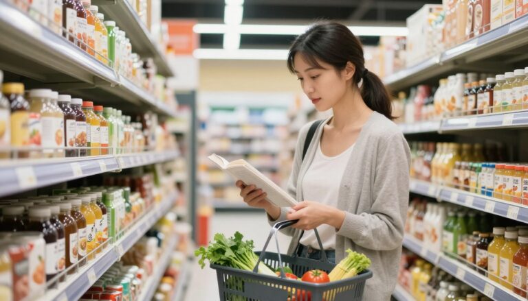 kobieta czytająca etykiety produktów spożywczych w supermarkecie podczas zakupów na dietę keto