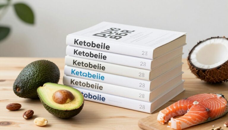 książki o diecie ketogenicznej ułożone na stole z ketogenicznymi produktami