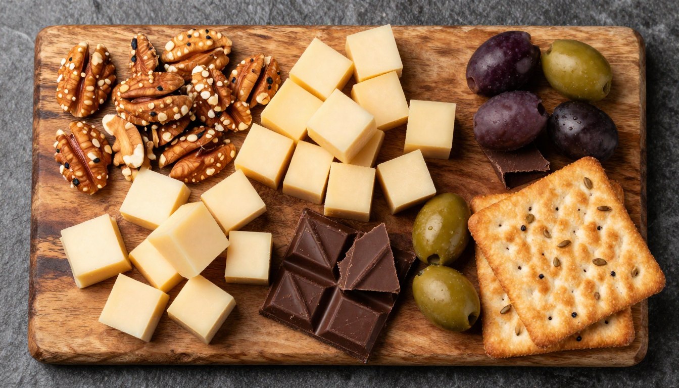 zestaw kolorowych keto przekąsek na drewnianej desce